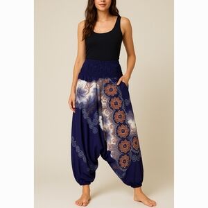 Vasa True Blue Rayon‎ Boho Printed Smocked Harem Pants OS Hippie Festival Yoga
